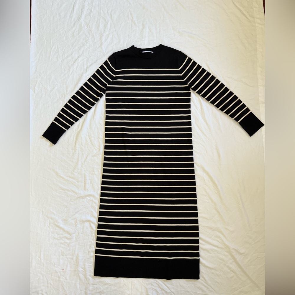 Zara S Striped Knit Sweater Dress Cabincore normcore minimalist crewneck black